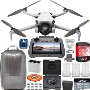 DJI Mini 4 Pro Folding Drone with RC 2 Remote (With Screen) Fly More Combo Plus, 4K HDR Video Camera, Under 249g, 3 Plus Batteries Bundle w/Wide-Angle Lens + Deco Gear Hard Case & Accessories