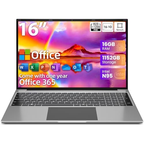 jumper Laptop Computer, Office 365, 16 Inch FHD FHD 1920x1200 Display, 12th N95 CPU(Up to 3.4GHz), Laptops with 16GB RAM, 1152GB Storage, 38WH Battery, 2 Speakers, Mini HDMI, 16:10.