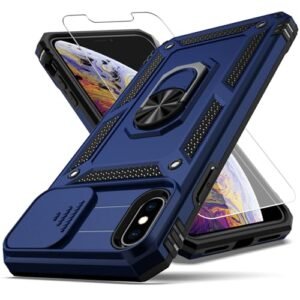 YZOK for iPhone Xs Max Case,with Camera Lens Cover HD Screen Protector,[Military Grade] Ring Car Mount Kickstand Hybrid Hard PC Soft TPU Shockproof Protective Case for iPhone Xs Max, Blue