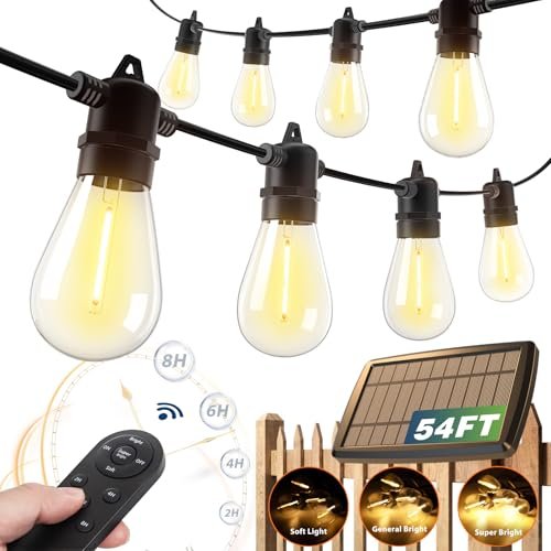 addlon 54FT Solar String Lights Outdoor, USB & Remote, 20H+ Dimmable LED