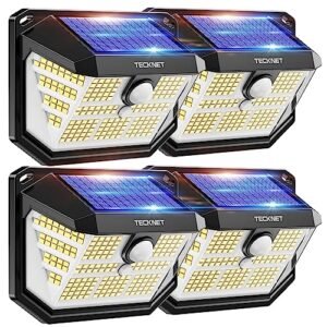 TECKNET Solar Motion Sensor Lights, 4-Pack, 231 LED, 300° Wide Angle, IP65 Waterproof Outdoor Security Lights for Yard, Fence, Deck, Garage