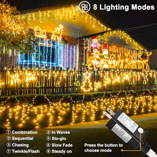 Here's a revised title:
66ft Warm White LED Icicle Lights - Outdoor Christmas Decorations 8 Modes Timer - Image 2
