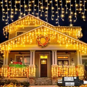 Here's a revised title:

66ft Warm White LED Icicle Lights - Outdoor Christmas Decorations 8 Modes Timer
