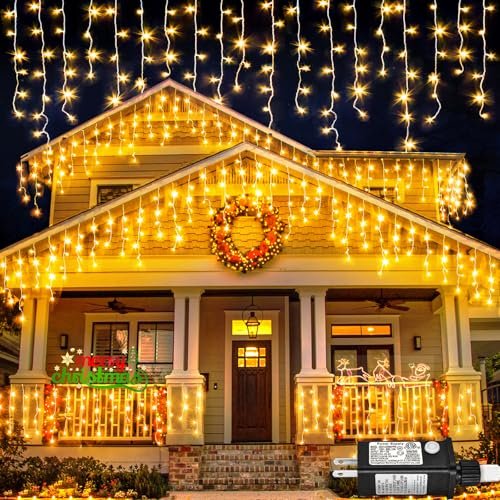 Here's a revised title:
66ft Warm White LED Icicle Lights - Outdoor Christmas Decorations 8 Modes Timer